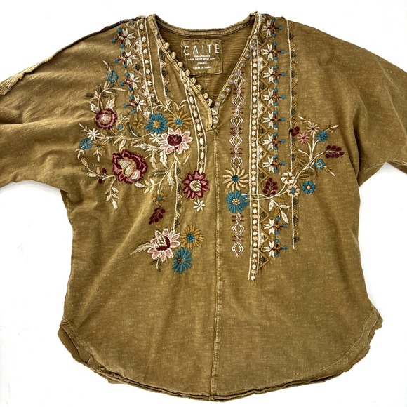 CAITE Embroidered Top Womens Small Bohemian Cotton Half Sleeve Brown Anthro - Picture 2 of 10